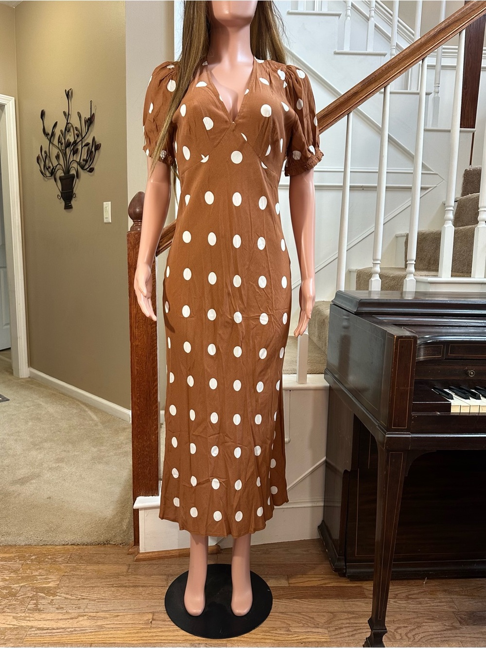 NWT A new day tan Brown Midi maxi Dress with White Polka Dots
